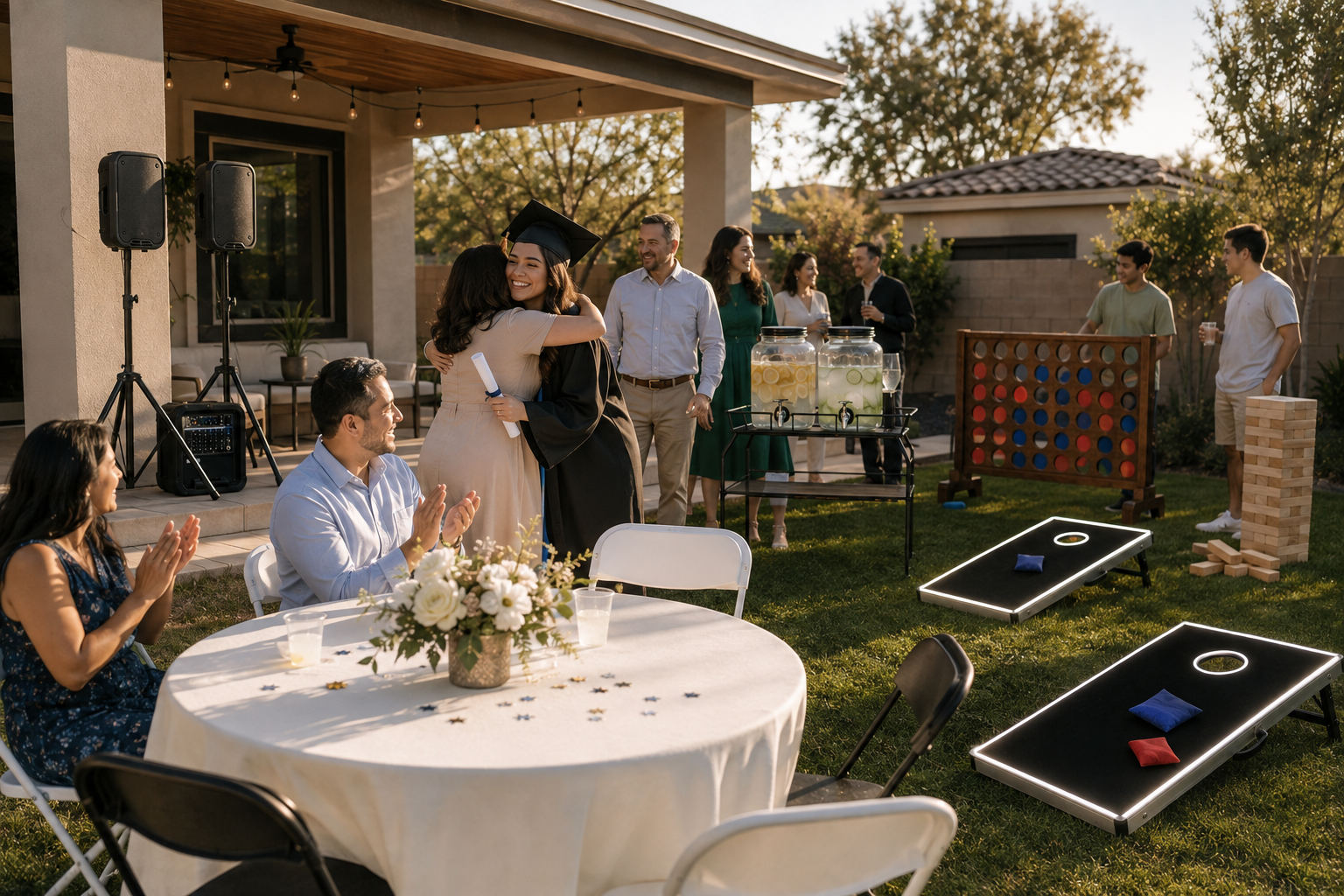 Graduation celebration with guests gathered around outdoor tables