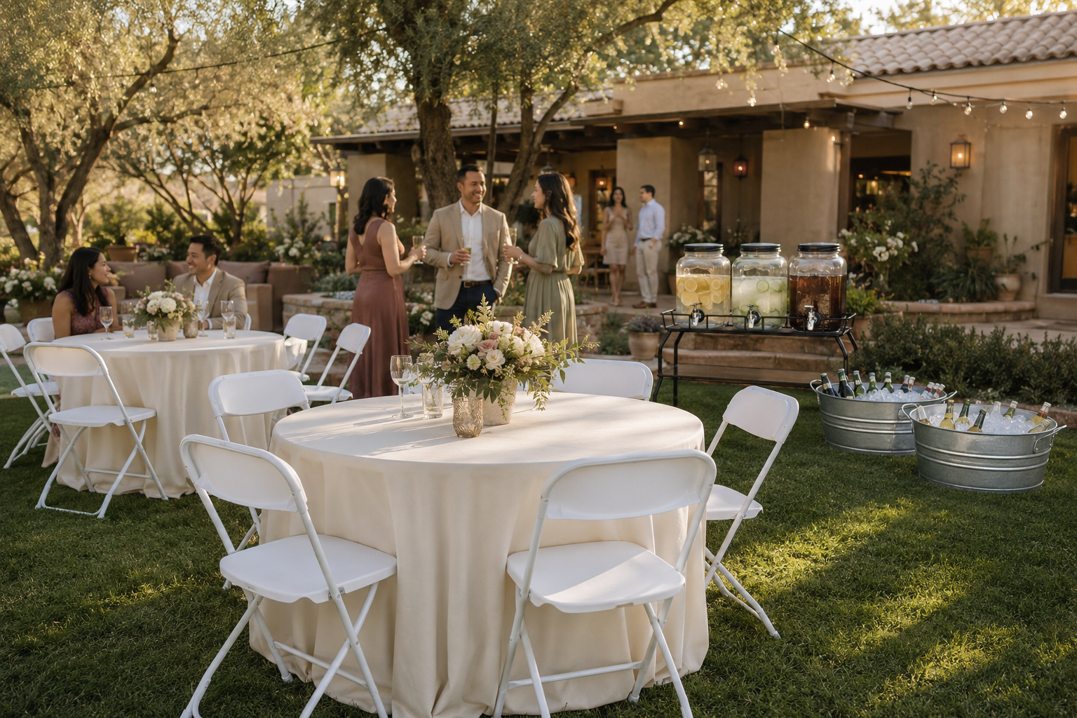 Garden reception with round tables, white chairs, and a drink station