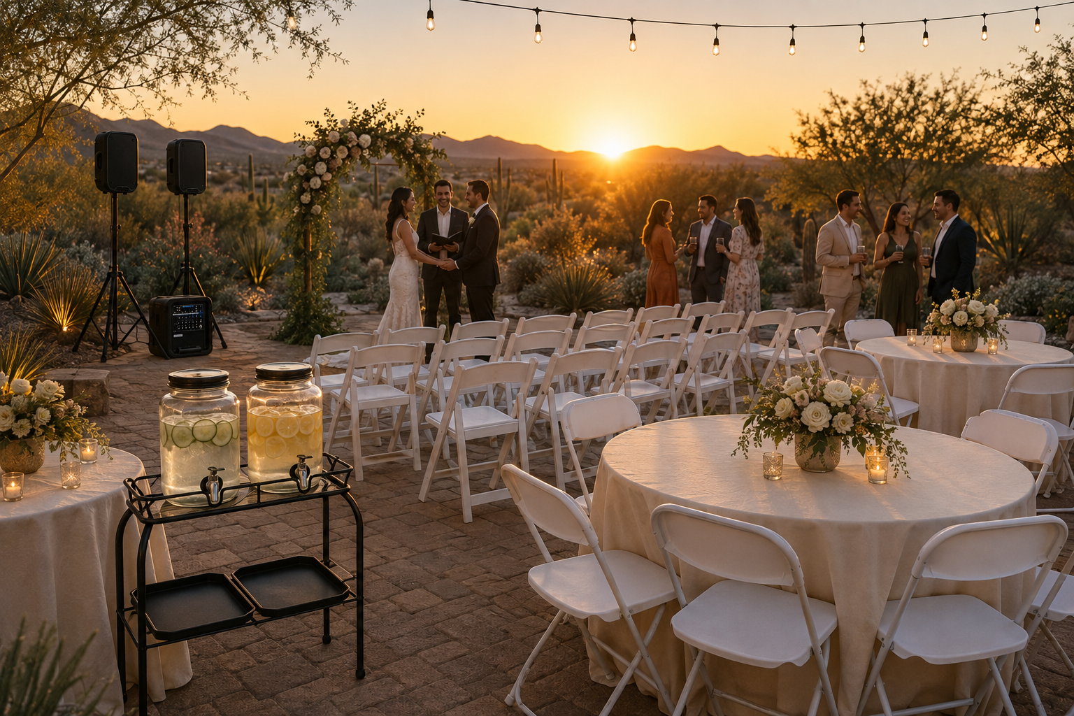 Sunset desert celebration with an outdoor ceremony and reception setup