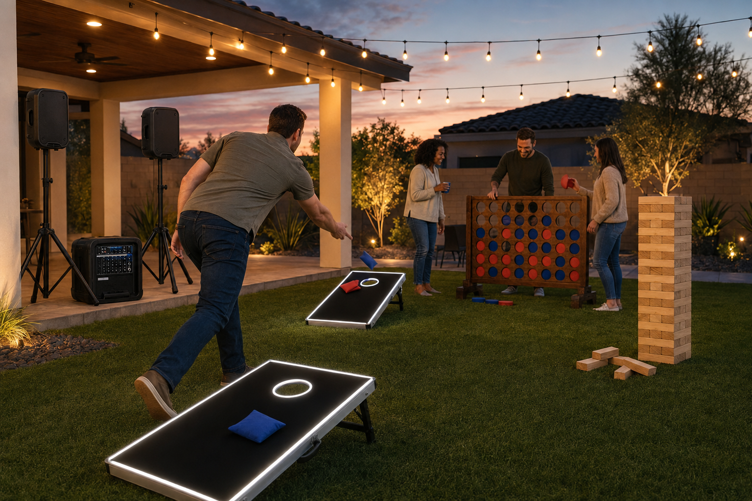Backyard game night with LED Cornhole, giant Connect Four, and speakers