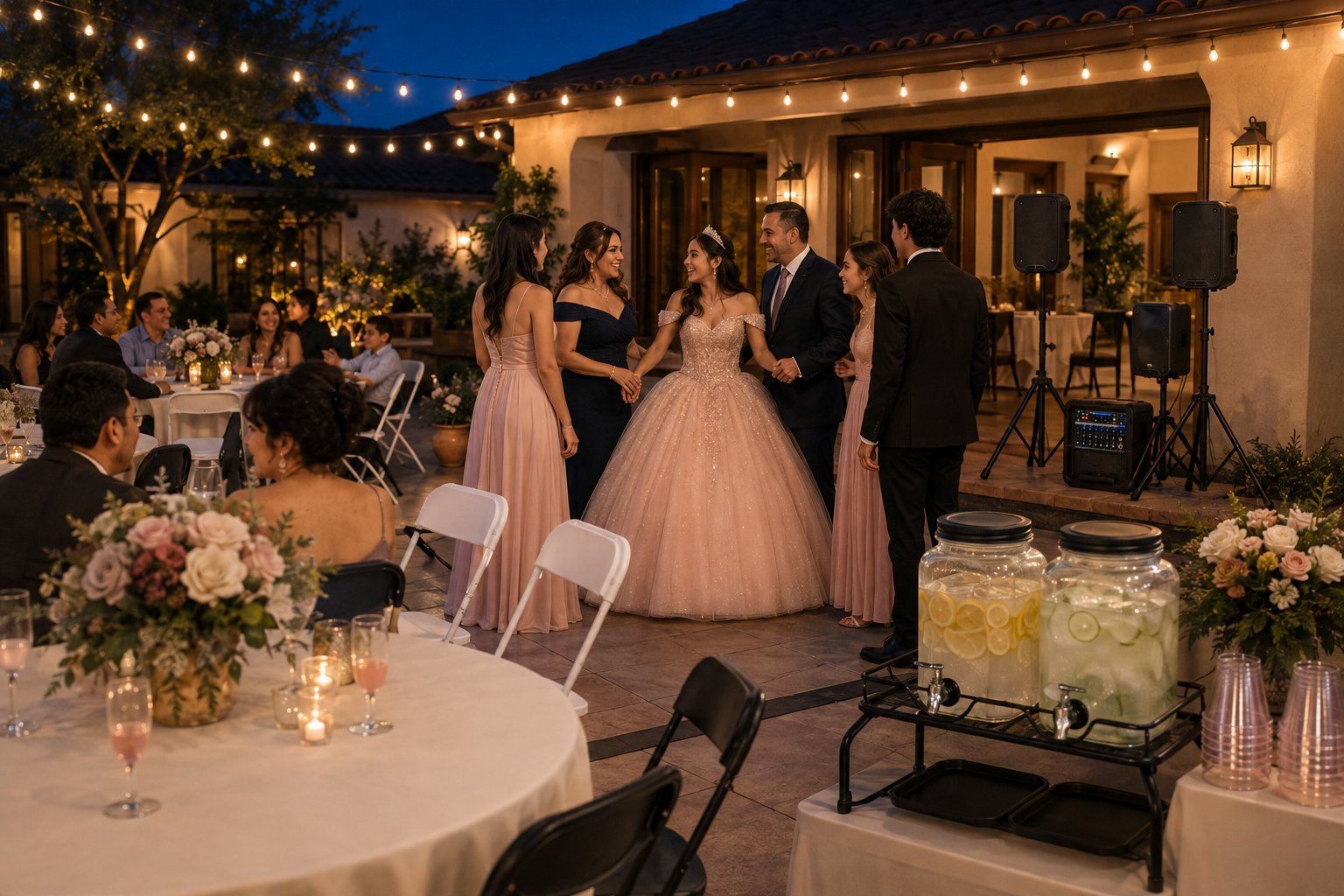 Elegant evening celebration beneath warm string lights